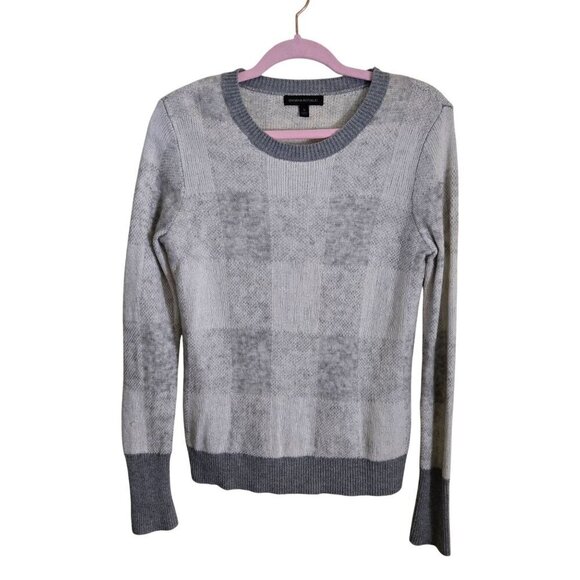 Banana Republic Gray Buffalo Check Mohair Wool Blend Crewneck Sweater Size S - Picture 2 of 7